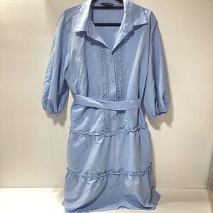 Simplee Plus Blue Ruffle Lace Belted Dress 3X
